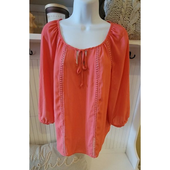 Iz Byer Tops - iZ Byer Lace & Crotchet Accent Sheer 3/4 Sleeve Blouse Button Cuff Size Large